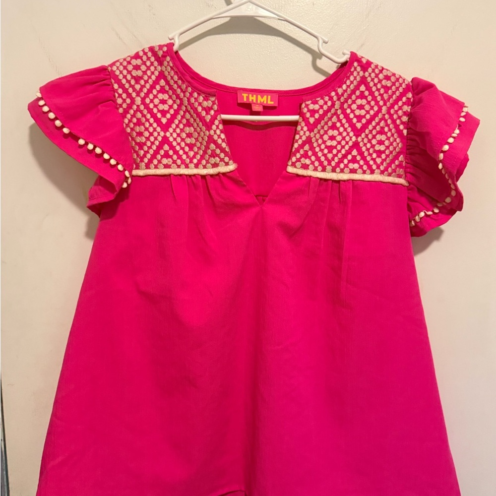 THML Hot Pink Embroidered Pom-Trim Flutter Top